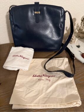 Vintage Salvatore Ferragamo Deep Navy Leather Crossbody with Gold Accent
